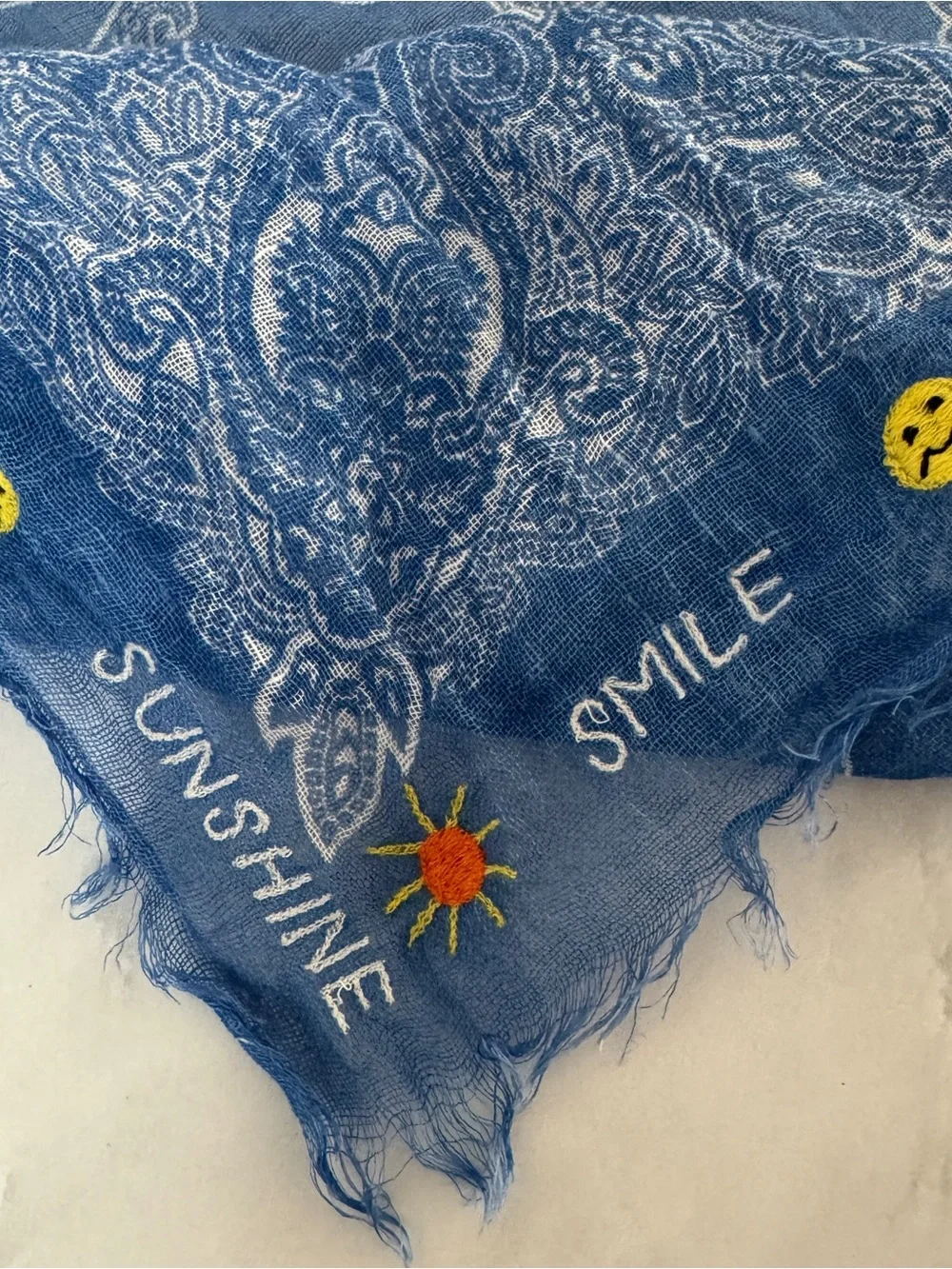 CITRUS Blue Paisley Linen Embroidered Bandana Scarf